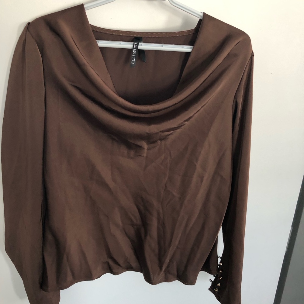 Elegant Brown Elli White Cowl Neck Blouse